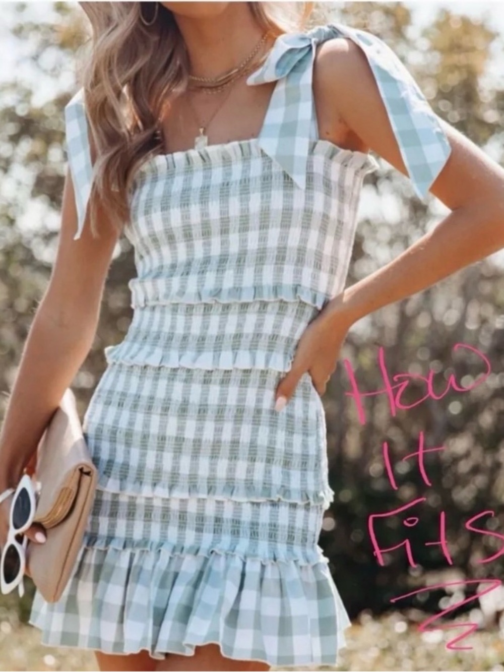 Gingham Smocked Tie-Shoulder Mini Dress in Light Green and White